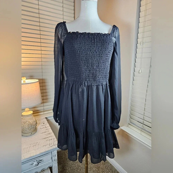1. State Women's Black Smocked Long-Sleeve Bodice Ruffle Mini Dress Size M - Picture 5 of 13